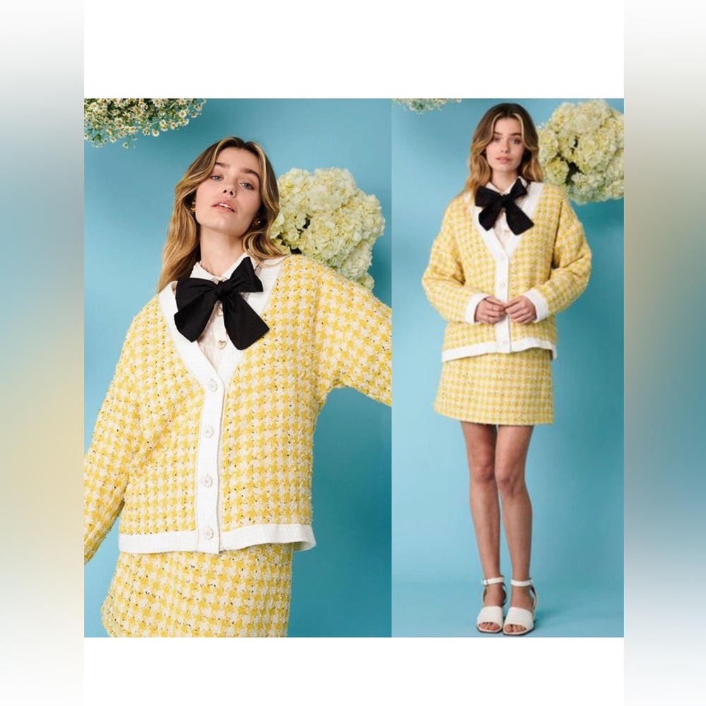 Sister Jane honey bee Yellow Houndstooth Cardigan with White Trim tweed